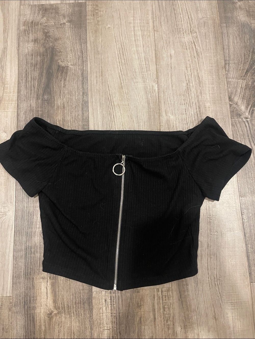 Off-Shoulder Black Zip-Front Women's Top